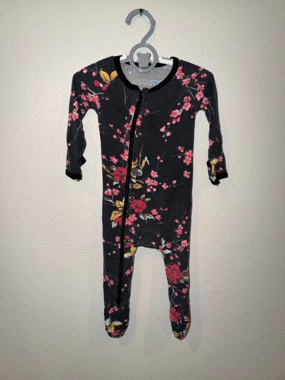 Cozy Floral Footed One-Piece - Black with Pink & Red Flowers